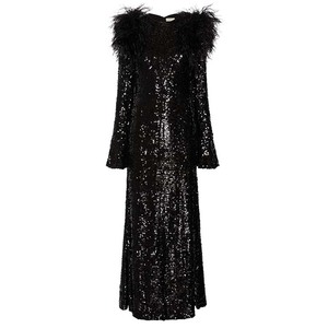 Sequin Flare Tay Áo Ăn Mặc Với Lông Chất Lượng Cao Tùy Chỉnh Lông Váy Maxi Dài Dresses - Product Image 2