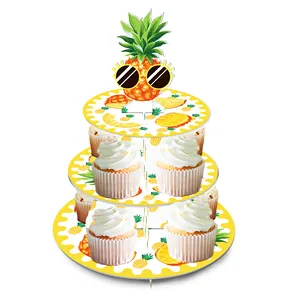 DT037 Abacaxi Design Round Tower Cake Stand 3 Tier Paper Cup Cake Stand para Hawaii Luau Party Decorações