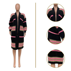 Casacos Elegantes de Outono e Inverno para Mulheres, Cardigã de Malha com Listras e Manga Longa, Casaco Longo para Mulheres - Product Image 5