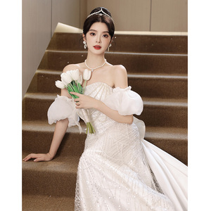 S0212N abito da sposa donna bianco di classe stile francese di lusso accessibile per il fidanzamento e gli eventi serali nuova vestizione - Product Image 4