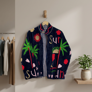 Handmade Summer Vacation Style Women Coat Velvet <b>Mandarin</b> <b>Collar</b> <b>Jacket</b> With Hand Embroidered Tropical Pattern Full Sleeve - Product Image 3