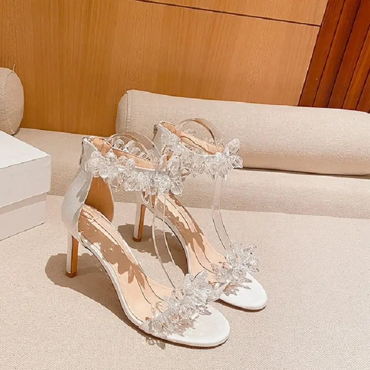 Ladies Fashion White Women Ankle Strap 8 CM Sandals High Heels Shiny Crystals Bridal Shoes 2022