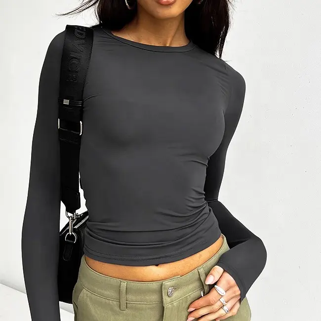 Fall spring ladies casual full sleeve tshirt top women crew neck tight fit basic plain long sleeve t shirt