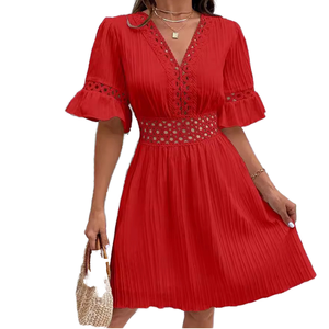 Red Pleated Midi Dress for Women Elegant V Neck Lace Trim Dress <b>Flare</b> Sleeve Party Dress Casual Summer Dress Stylish Womens Fash - Product Image 1