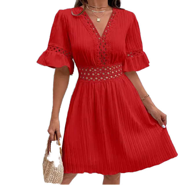 Red Pleated Midi Dress for Women Elegant V Neck Lace Trim Dress Flare Sleeve Party Dress Casual Summer Dress Stylish Womens Fash