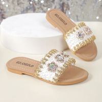 Chaussons plats pour filles, mode estivale, élégance, bord brut doré, design de fleurs en cristal scintillant, pantoufles pour enfants