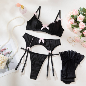Biancheria Sexy Patchwork con fiocco <span class=keywords><strong>nero</strong></span> Set 4 pezzi reggiseni fantasia perizoma biancheria intima abiti con calza costumi intimi erotici 1527 - Product Image 4