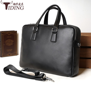 Tiding Genuine Leather Business Bag 14 Inch Laptop <b>Briefcase</b> Men's Zipper Closure Solid Color Black - Product Image 1
