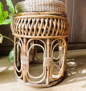 Natural Handwoven Cane <b>Stool</b> with Removable Water Hyacinth Seat <b>Pad</b> Eco Friendly Rattan Ottoman for Living Room and Patio - Product Image 1