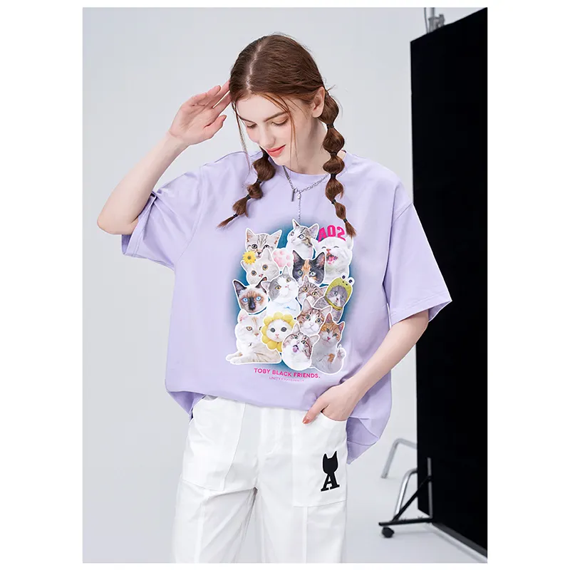 Cartoon cat printed light purple custom brand t shirt recycled girls women graphic t shirts wholesale