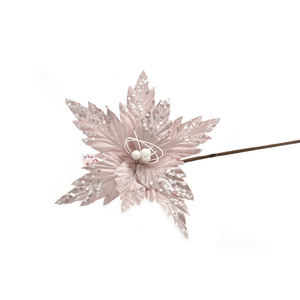 Fleur de poinsettia rose avec boules blanches, longue tige - Product Image 1