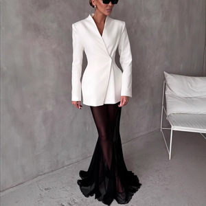 Conjunto de blusa de satén de manga larga informal sólida, chaqueta y falda de malla elástica regular, traje de 2 piezas - Product Image 4