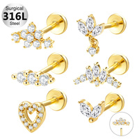 Boucles d'oreilles plates étanches en acier inoxydable 316 Gaby avec zircon pour piercing de cartilage et hélix