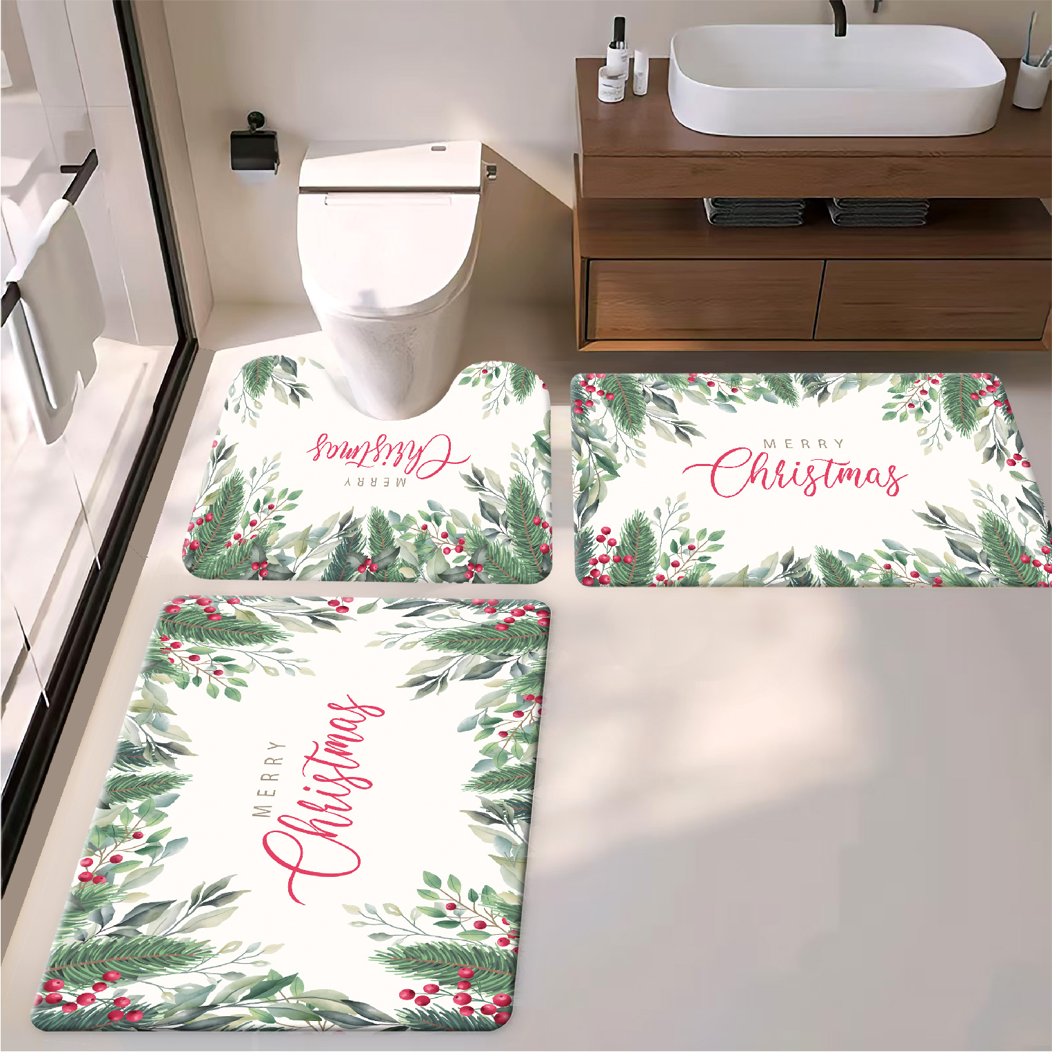 Imprimé festif de Noël avec des feuilles de pin et des baies.