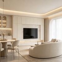 Mueble de TV Moderno Estilo Francés para Sala de Estar, Color Blanco Crema, Melamina Ecológica, Bisagras de Cierre Suave, Sin Tiradores