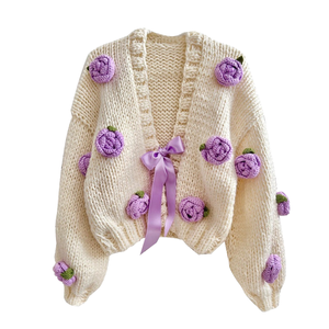 2024 Winter Custom Women's Long Sleeve Knitted <strong>Cardigan</strong> V-Neck Crocheted Techniques Pink Bow Embroidered <strong>Flower</strong> Design Thick