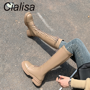 Cialisa sonbahar kış diz yüksek çizmeler düz <span class=keywords><strong>Strappy</strong></span> platformu tıknaz topuklar kalın tabanlı kadın çizmeler kadın ayakkabıları 2022 - Product Image 1