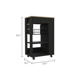 Chariot de cuisine noir en wengue à 5 étagères et 1 tiroir avec plateau en chêne clair, design moderne pour le rangement de la cuisine - Product Image 5