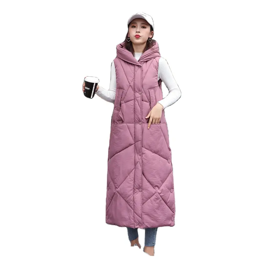 Women's Sleeveless Vest Long Down cotton Jacket Solid Korea Hooded Padded Vests Loose Females 2022 Fashion Casual Winter Coat