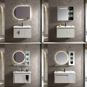 Mueble de Baño Flotante de PVC Gris Oscuro sin Tiradores con Doble Cajón y Espejo Redondo con Retroiluminación LED para Hogar y Hotel - Product Image 5