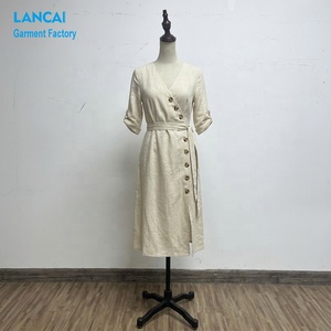 <span class=keywords><strong>Abito</strong></span> <span class=keywords><strong>Midi</strong></span> in <span class=keywords><strong>Lino</strong></span> da Donna con Cintura Annodabile e Maniche a 3/4 con Risvolto, Abbigliamento Casual da Ufficio, Produzione OEM Personalizzata, Fabbrica Certificata BSCI - Product Image 3
