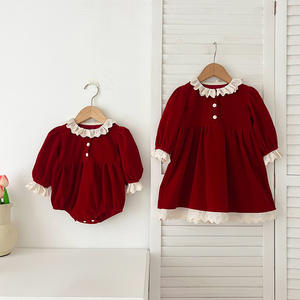 Baju monyet bayi perempuan lengan panjang, gaun merah kerah renda, baju monyet bayi perempuan musim gugur - Product Image 1