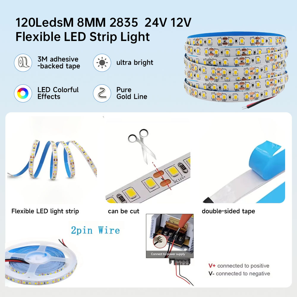 On Sale 120LED 240LED/m IP20 High Brightness Led Light Strip 12V/24v 3000k 4000k 6000k 10000k Flexible SMD 2835 LED Strip Light