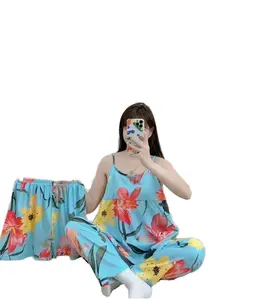 Yaz üç parçalı halter pijama kadın kısa kollu + şort + pantolon rahat kore versiyonu ev giyim