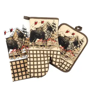 Kitchen Printing 3Pcs Set Oven Mitts Pot Holder Tea Towel Set For Cleaning Cooking Household Tool