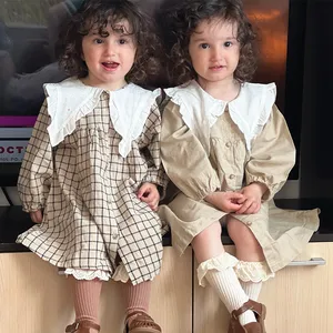 Bebê Meninas Vestido Xadrez Roupas Casuais Verão 2023 Novo Lençóis de Algodão Coreano Meninas Vestido de Princesa Grande Virada Para Baixo Vestido de Gola