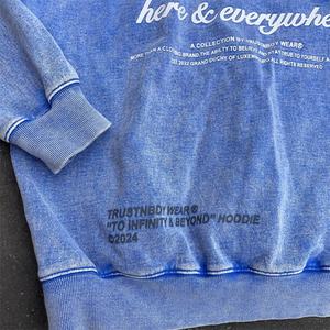 เสื้อฮู้ดดี้พิมพ์ลายพัฟฟ์ทรงโอเวอร์ไซส์สำหรับผู้ชาย สีน้ำเงิน สไตล์สโนว์วอช ผ้าฝ้ายเฟรนช์เทอร์รี่ เสื้อฮู้ดดี้ผู้ชาย - Product Image 6