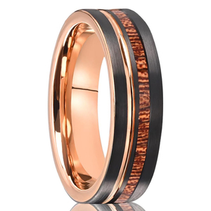 로즈 골드 텅스텐 카바이드 링 8MM6MM 약혼 웨딩 밴드 로즈 골든 그루브 상감 우드 매트 남성용 여성용 브러시 - Product Image 1