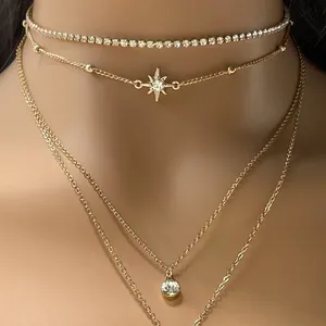 Fashion Multilayered Choker Necklace Star Tassels Crystal Diamante Pendant Necklaces for Women