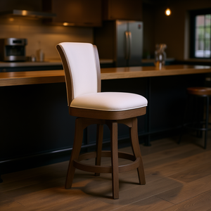 Tabouret de bar pivotant sans accoudoirs Henry, hauteur de comptoir, en lin blanc naturel, base en bois, design moderne - Product Image 2