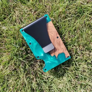 Unique Wood Resin Card Holder Wallet RFID Blocking With Money Clip Slim Minimalist Wallet For Men Aluminum Credit Card Wallet