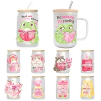 Autocollants DTF UV Cozy Reader Bookish Frog Animals, durables, prêts à appliquer, pour décoration DIY sur canettes en verre Libbey de 16 oz