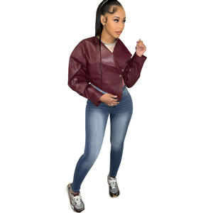 S7277-2025 Nouveautés Veste courte élégante en cuir PU à bouton unique à manches longues et col en V bordeaux pour femmes - Product Image 5