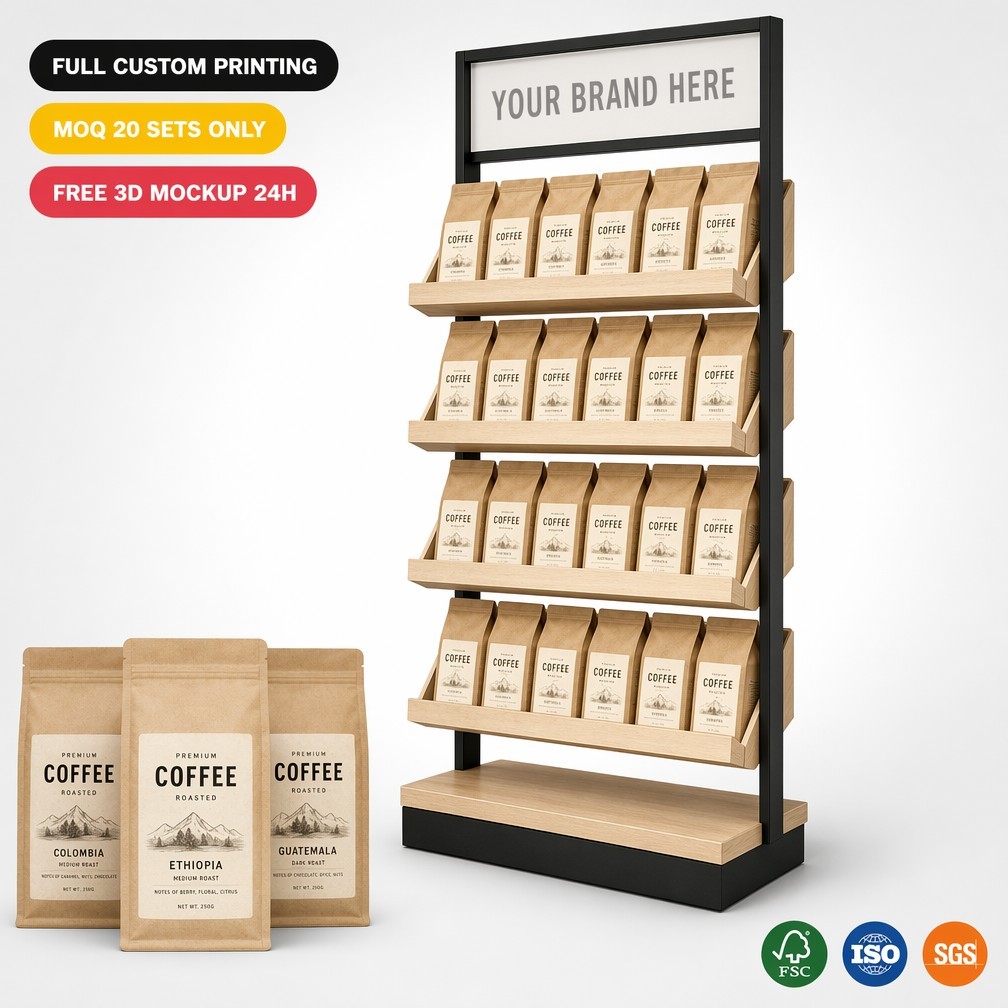 5-Tier Wooden Floor Display Rack Custom Branding Tilted Shelves for Coffee Shop Bakery Retail Merchandising — view 1