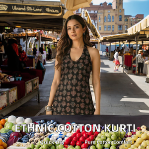Kaori Traditional Ethnic Short Women's <b>Kurti</b> 100% Cotton Printed Halter Neck Casual Comfort Style Adjustable Criss-cross Back - Product Image 2