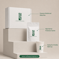 Kit d'emballage de café personnalisé en PE blanc minimaliste et recyclable avec sacs à fond plat et pochettes – Coffret cadeau pour torréfacteur