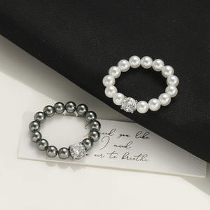 Sweet Four Claw Cube Sugar Zircon 4MM Elastic Finger Rings for Women <strong>Black</strong> White Artificial <strong>Pearl</strong> Beaded Rings - Product Image 2