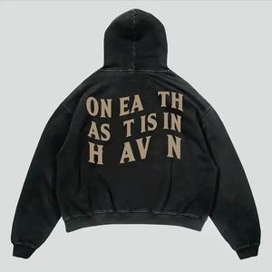 공장 도매 사용자 정의 로고 빈티지 워시 프린트 블랙 까마귀 새로운 패션 대형 퍼프 슬리브 하이 벨벳 후드 스웨터 - Product Image 3