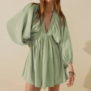 Nouvelle robe d'été pour femmes, design élégant, de haute qualité, sexy, col en V profond, manches longues bouffantes, taille fine, mini robe en lin pour femmes - Product Image 6