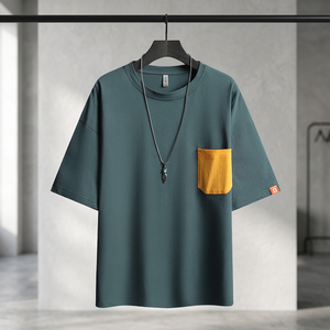 T-shirt à manches courtes pour homme, couleur unie, coupe ample, avec poche jaune, col rond, en jersey de coton respirant, style décontracté - Product Image 5