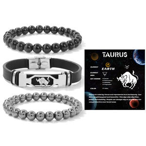 Punk Retro 8mm Hematite Beads Twelve Zodiac Cierre de acero inoxidable Twelve Zodiac Silicone Beaded Bracelet Set para regalo de cumpleaños - Product Image 6