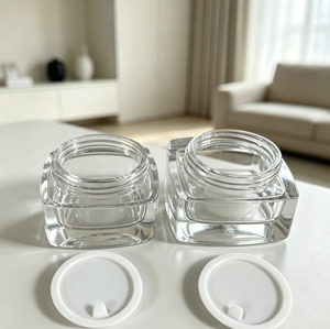 2026 Square Transparent <b>Glass</b> Cosmetic <b>Jar</b> With Black Plastic <b>Lid</b> 30ml 50ml Empty Container For Cream Makeup Storage - Product Image 3