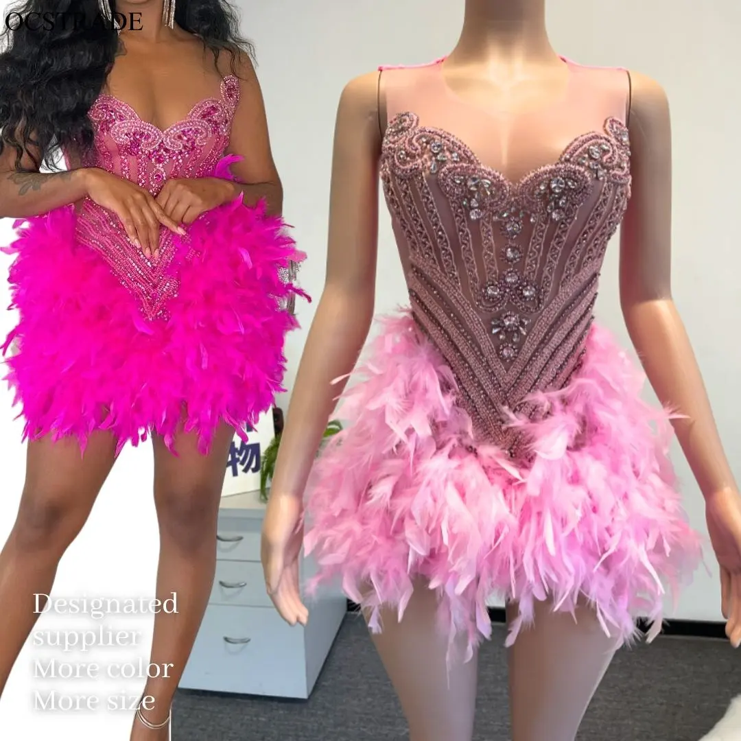 Ocstrade gaun ulang tahun berlian imitasi gaun bulu burung unta mawar merah muda seksi 2024 gaun klub gaun malam manik-manik elegan wanita
