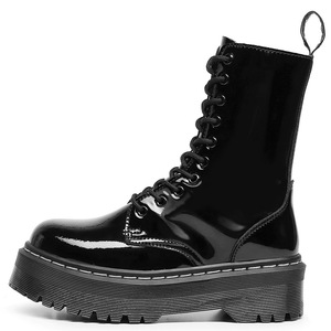 Black Patent Leather Ankle <b>Boots</b> Round Toe Lace-up Chunky Heel Anti-Slip Rubber Outsole All Seasons Style Wholesale - Product Image 3