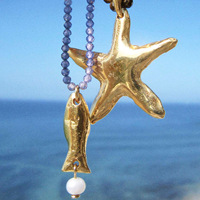 Collier en acier inoxydable plaqué or 18 carats avec perles de pierre naturelle vintage, coquillages et étoiles de mer, vente chaude pour les vacances