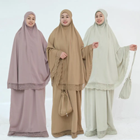 Ensemble de prière élégant 4 pièces J-257 Dubaï, hijab couleur unie avec bordure en dentelle turque, sac de rangement Nida et jupe